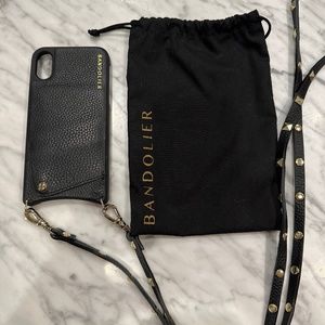 Bandolier crossbody phone case wallet for iPhone XR. Pebbled black leather.